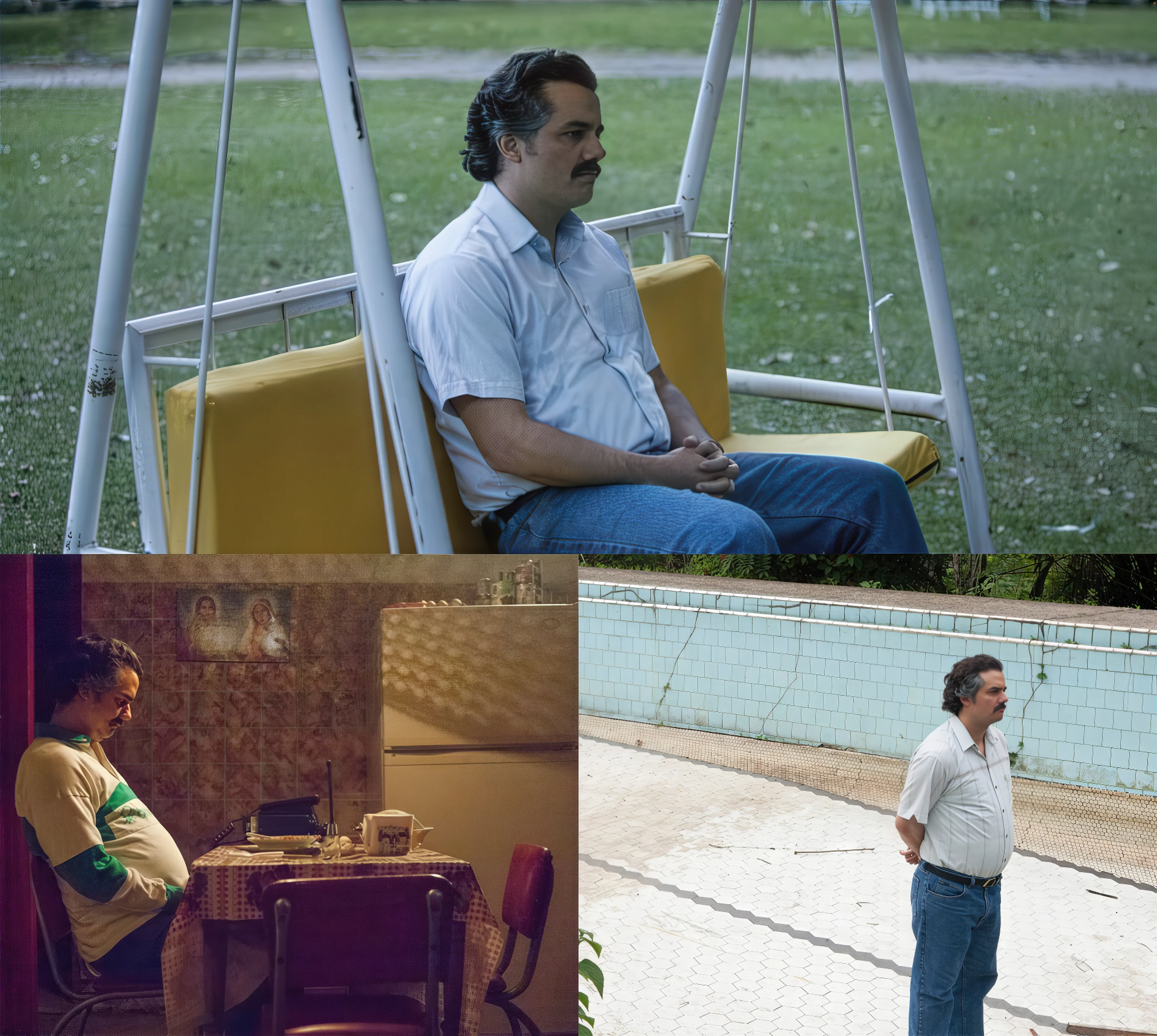 A man sitting on a swing, at a table, and by an empty pool, looking contemplative.