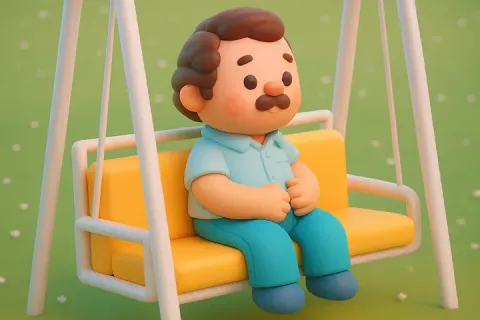 Cute 3d render of Pablo Escobar sitting on a swing, at a table, and by an empty pool, looking contemplative.