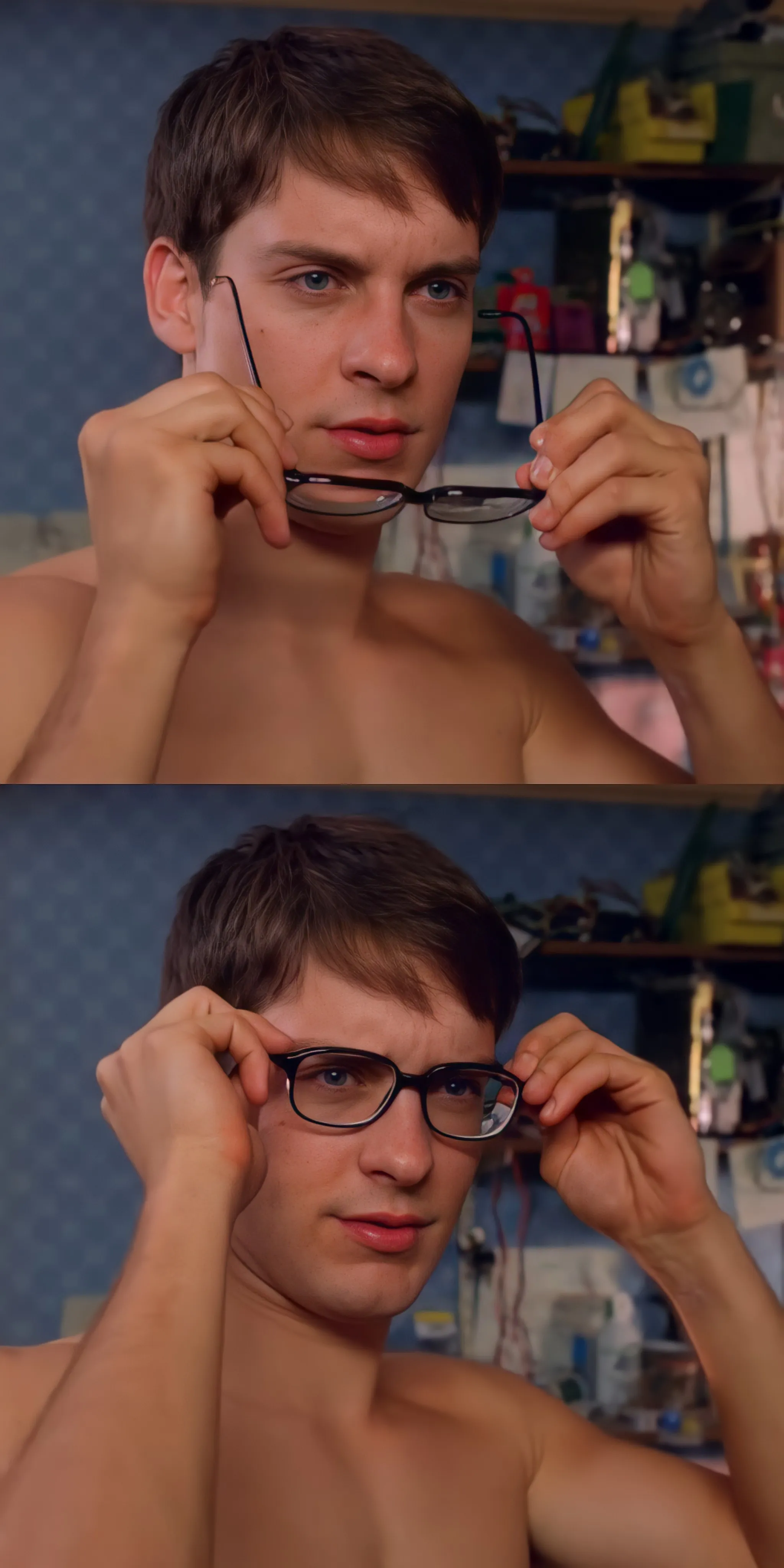 Peter Parker putting on glasses, a scene from Spider-Man.