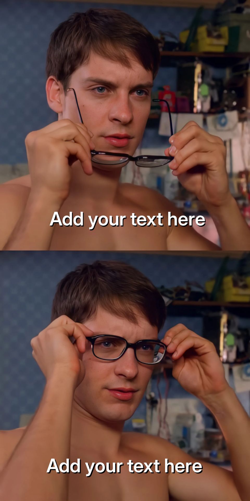 Peter Parker putting on glasses, a scene from Spider-Man.