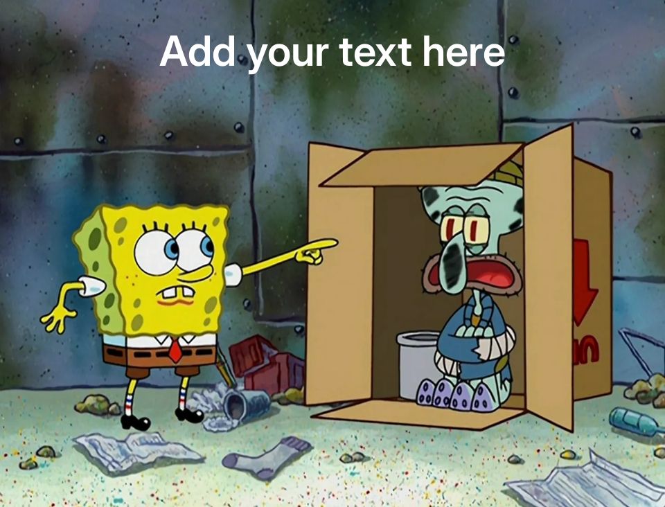 SpongeBob pointing at Squidward sitting in a cardboard box.