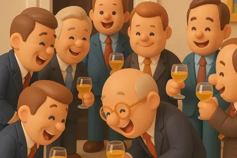 3d render of a group of men in suits laughing and holding drinks in a formal setting.