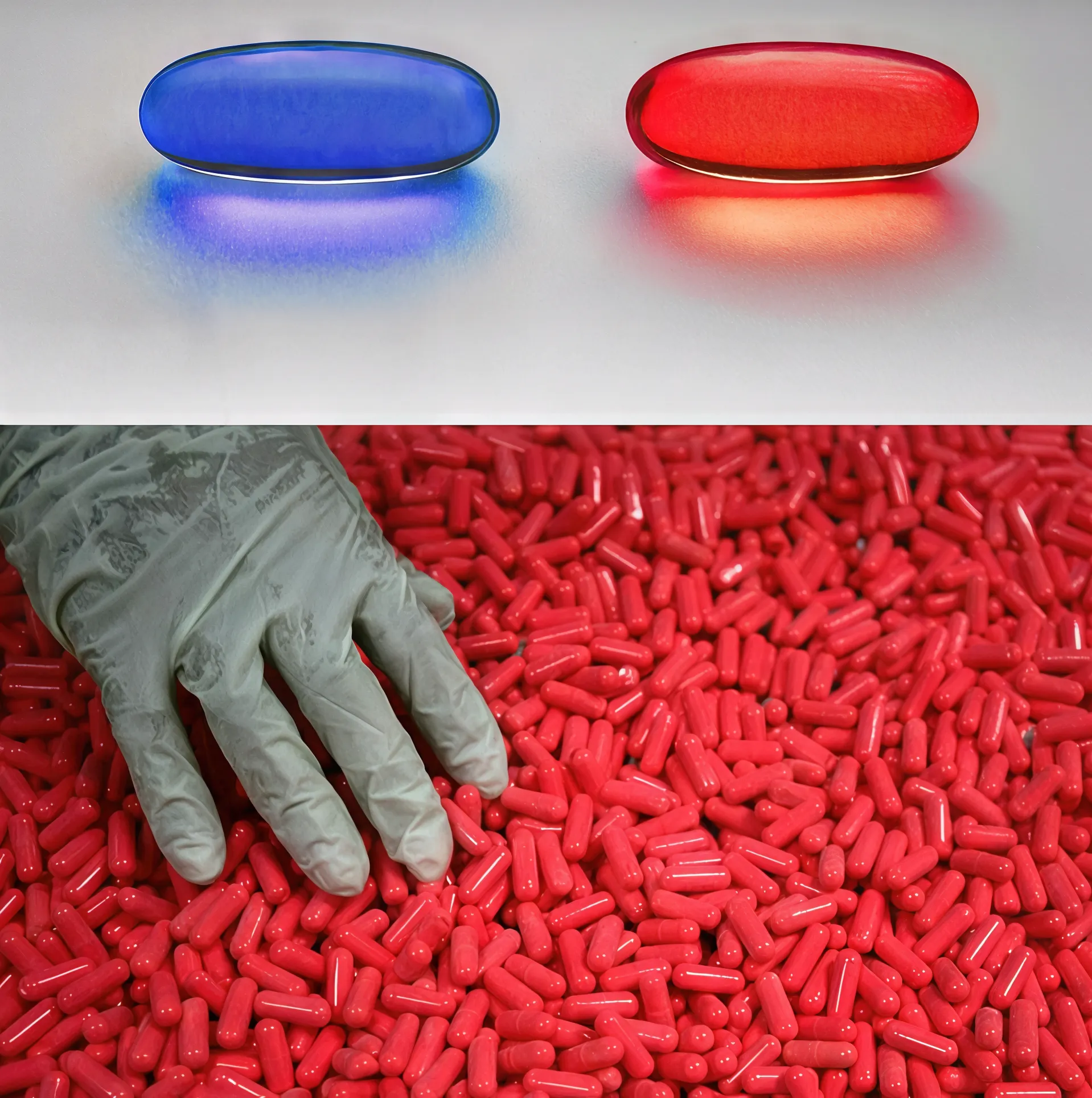 Two pills, one red and one blue, symbolizing a choice.