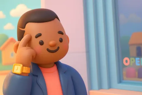 3D render of a man tapping his temple with a knowing smile outside a building.