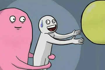 Cartoon figure reaching for a yellow balloon, held back by a pink figure.