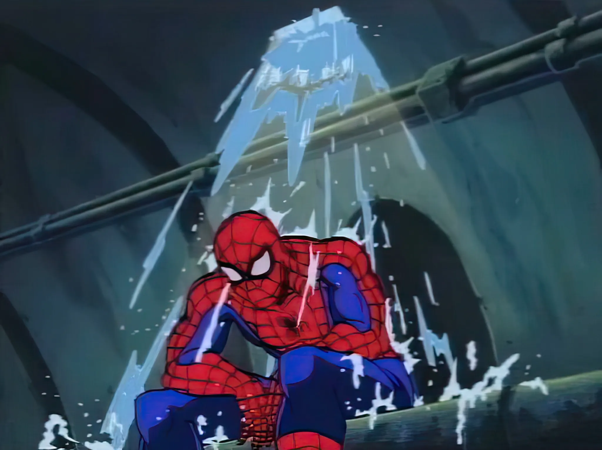 Spider-Man sitting under a leaking pipe, looking sad.