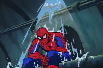 Spider-Man sitting under a leaking pipe, looking sad.