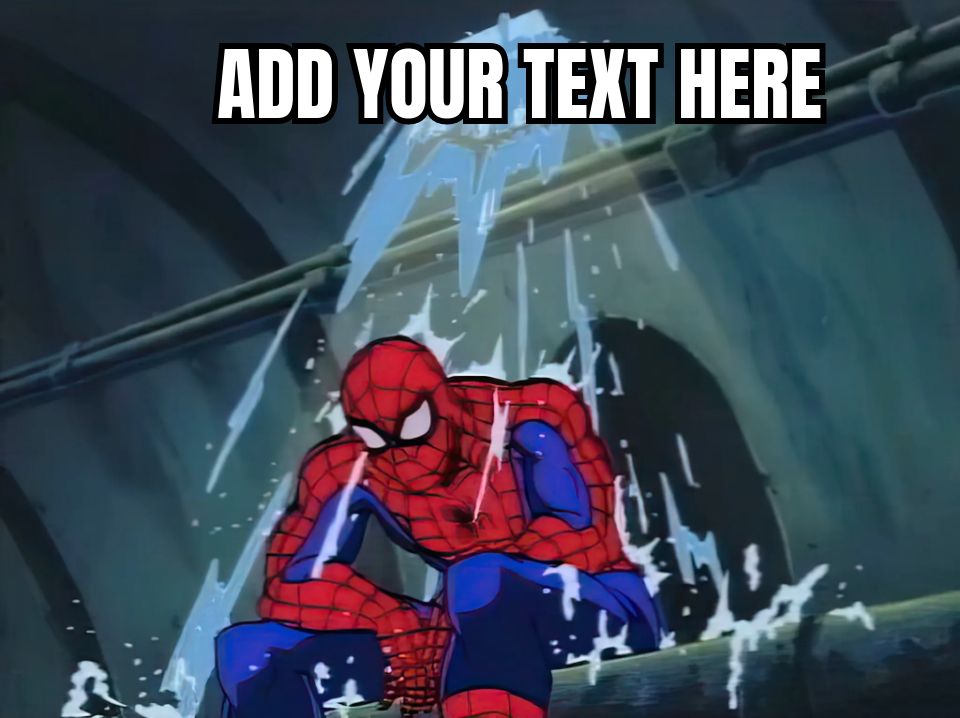 Spider-Man sitting under a leaking pipe, looking sad.