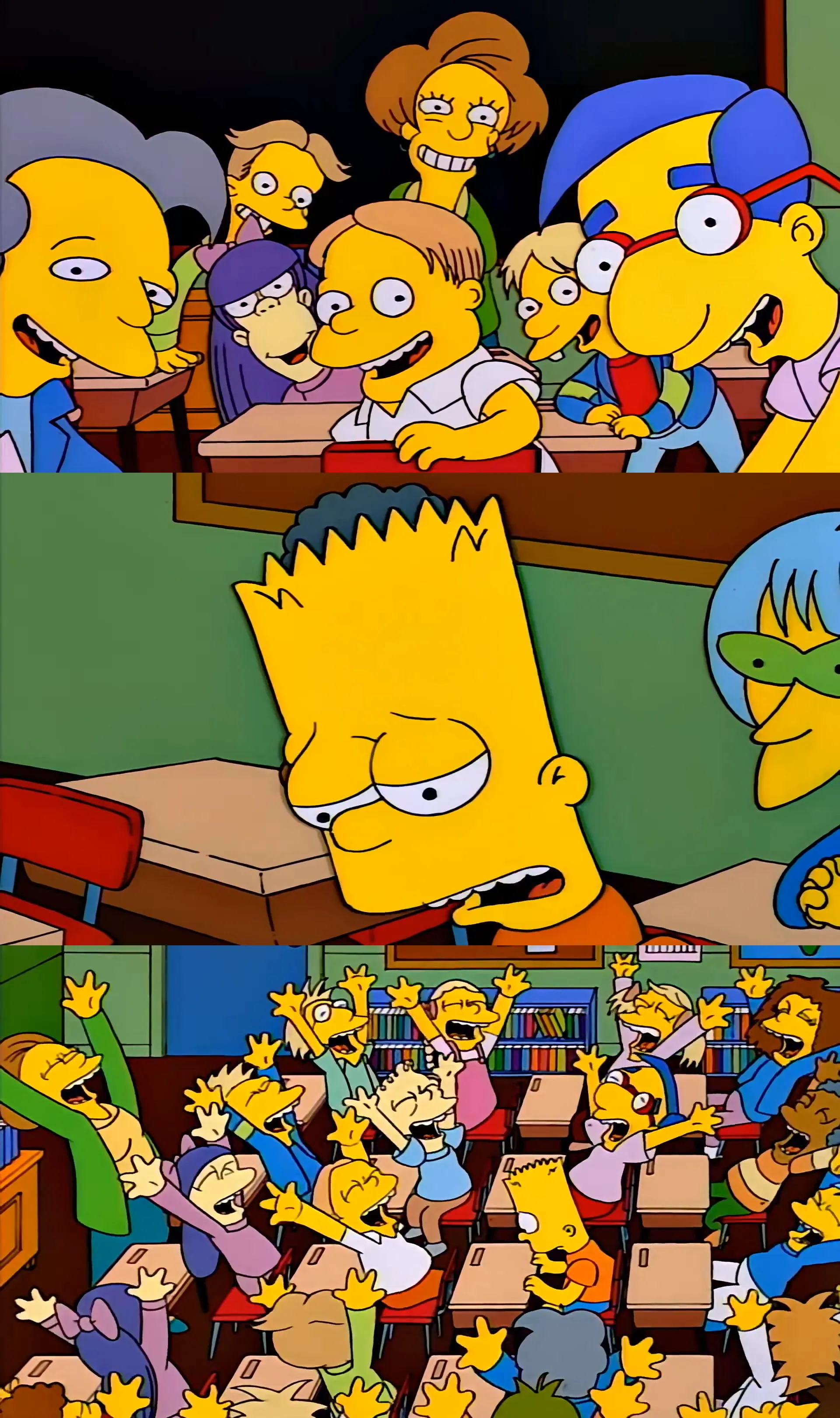 Bart Simpson looking sad in a classroom with excited classmates.