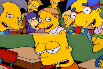 Bart Simpson looking sad in a classroom with excited classmates.