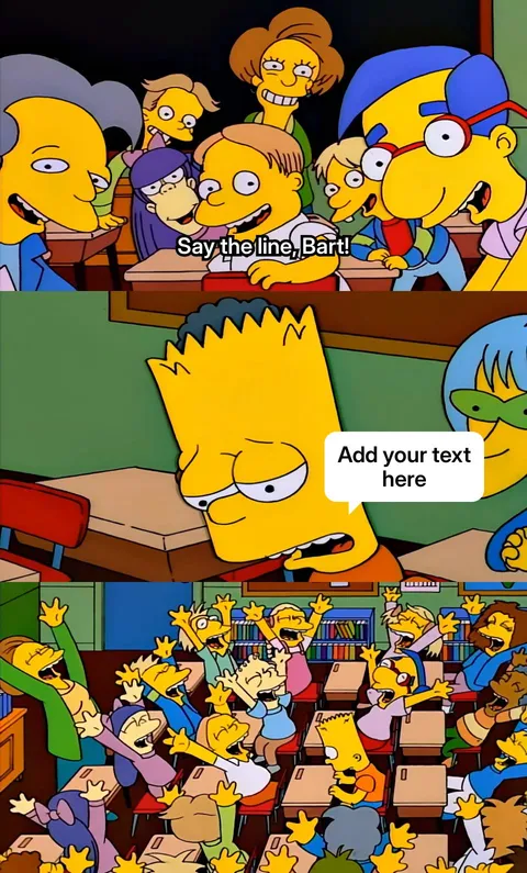 Bart Simpson looking sad in a classroom with excited classmates.