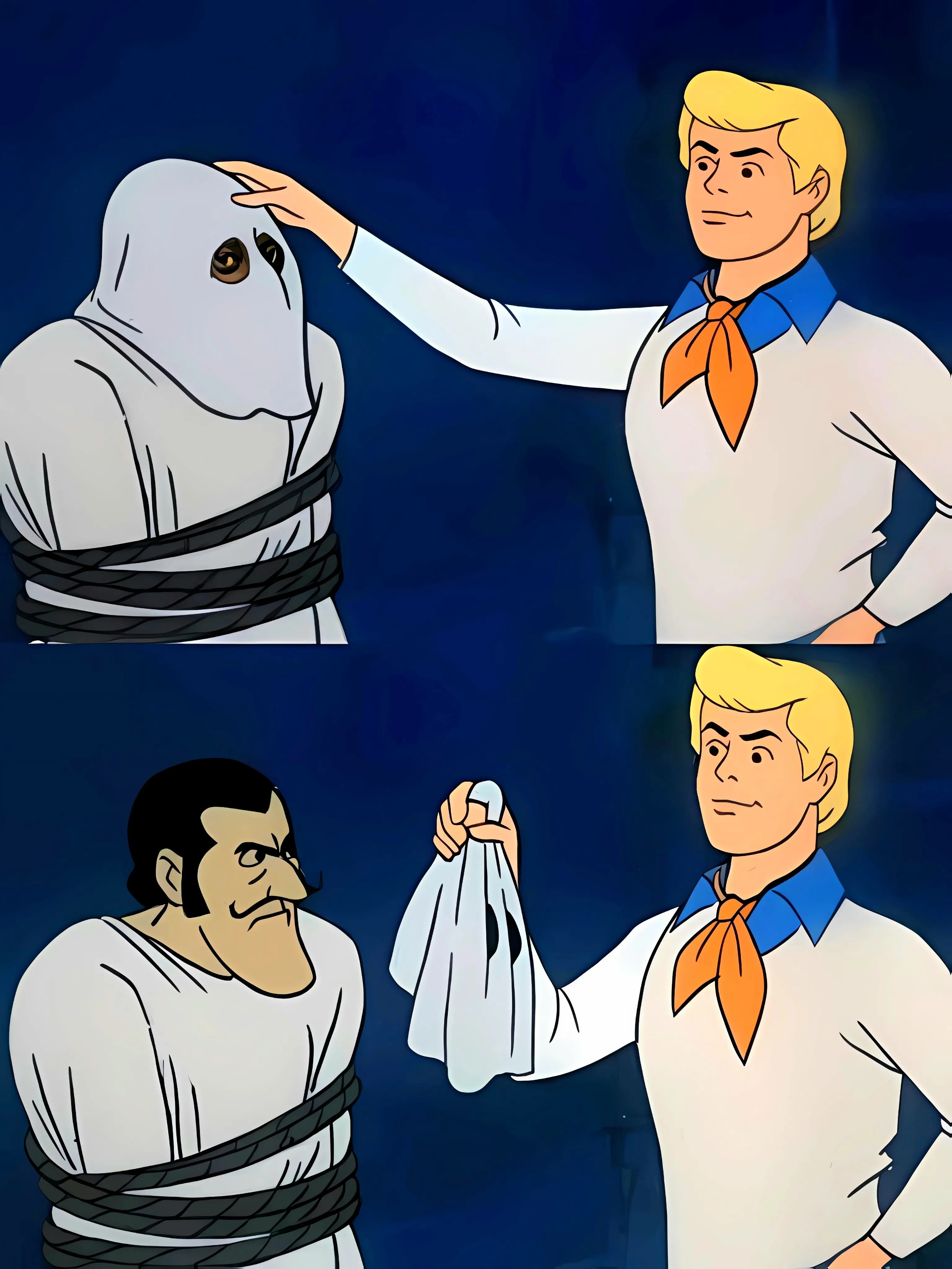 Fred revealing a masked villain in Scooby-Doo cartoon.