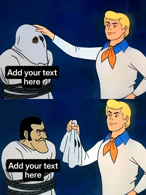 Fred revealing a masked villain in Scooby-Doo cartoon.