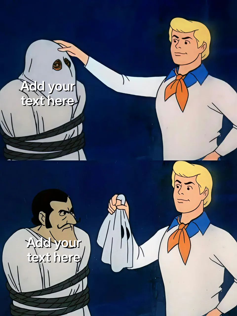 Fred revealing a masked villain in Scooby-Doo cartoon.