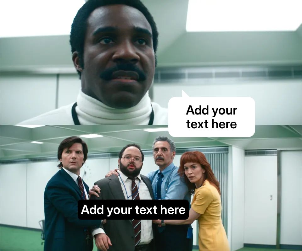 A man in a white turtleneck looks serious. Four people in office attire appear frightened.