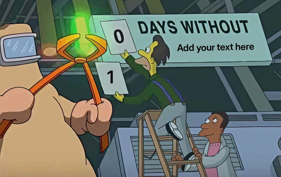 A character on a ladder changing a sign to 0 days without accident.