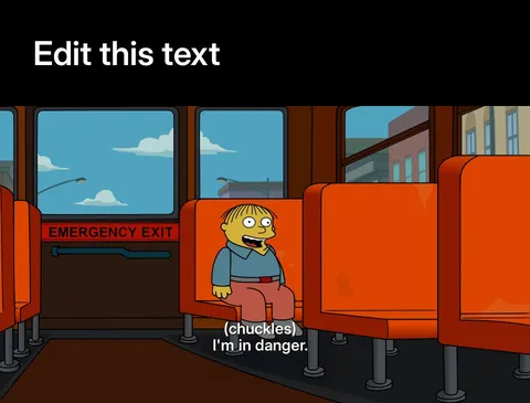 Ralph Wiggum sitting on a school bus with an emergency exit sign behind him.