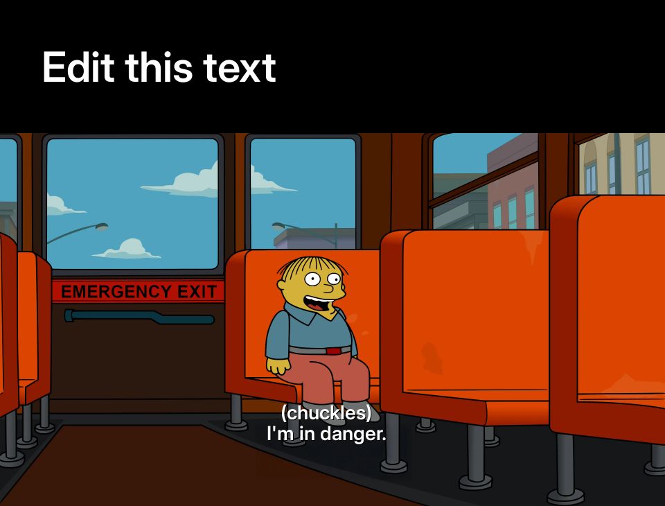 Ralph Wiggum sitting on a school bus with an emergency exit sign behind him.