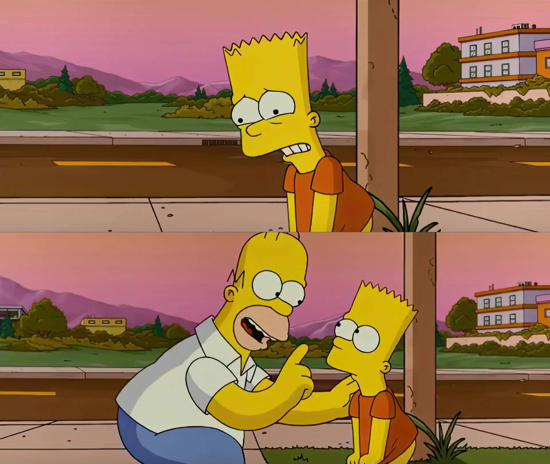 Bart Simpson looking worried as Homer Simpson talks to him outside.