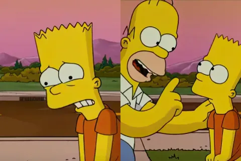 Bart Simpson looking worried as Homer Simpson talks to him outside.