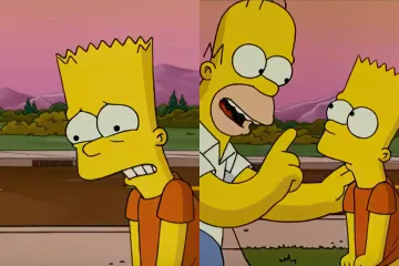 Bart Simpson looking worried as Homer Simpson talks to him outside.