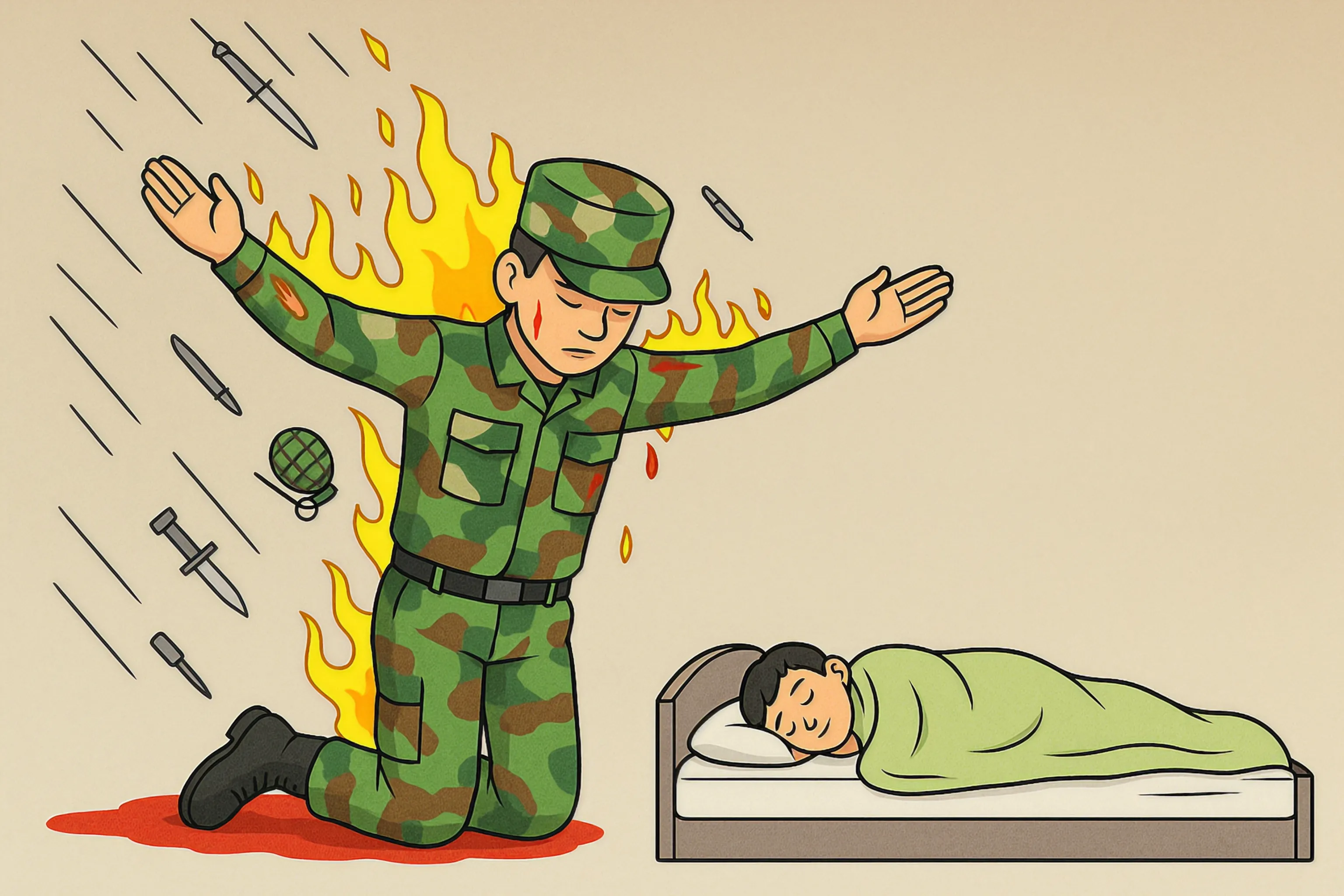 A soldier kneeling with arms outstretched, shielding a sleeping child from danger.