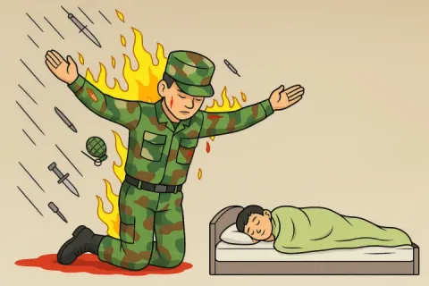 A soldier kneeling with arms outstretched, shielding a sleeping child from danger.