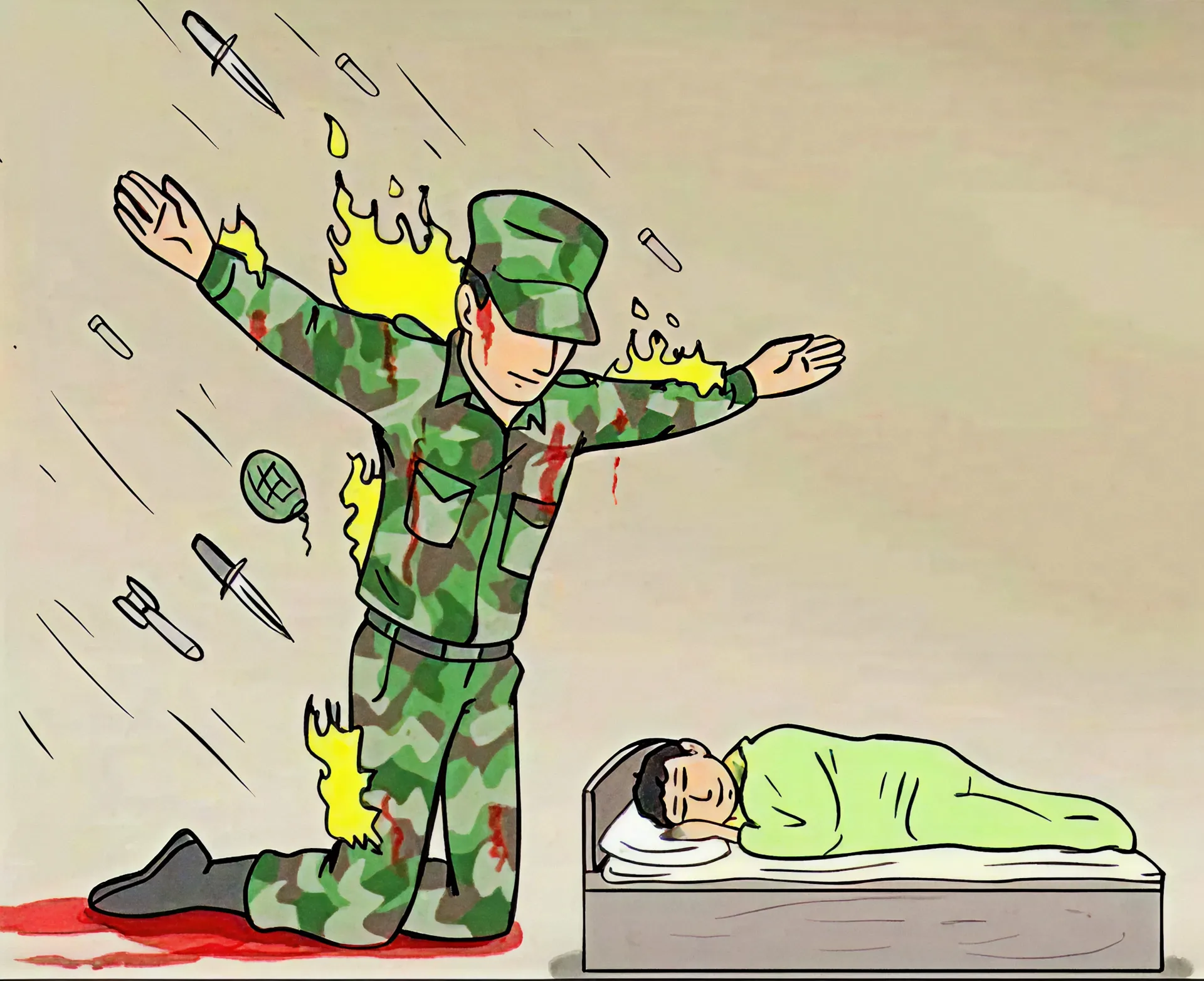 A soldier kneeling with arms outstretched, shielding a sleeping child from danger.
