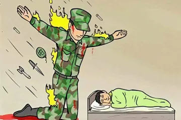 A soldier kneeling with arms outstretched, shielding a sleeping child from danger.