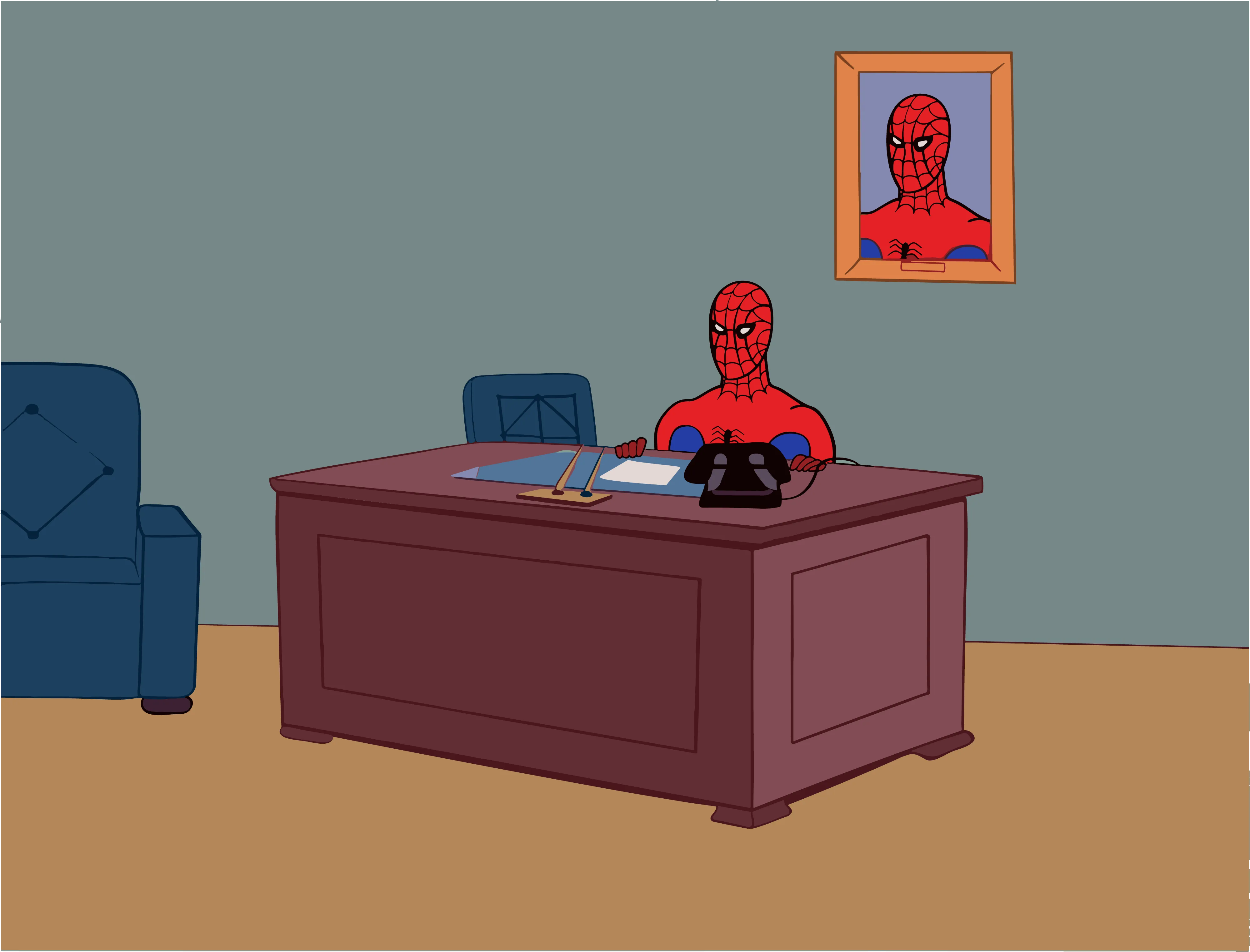Spider-man sitting at a desk with a framed picture of himself on the wall.