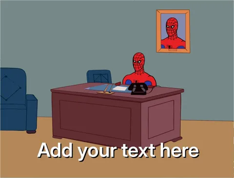 Spider-man sitting at a desk with a framed picture of himself on the wall.