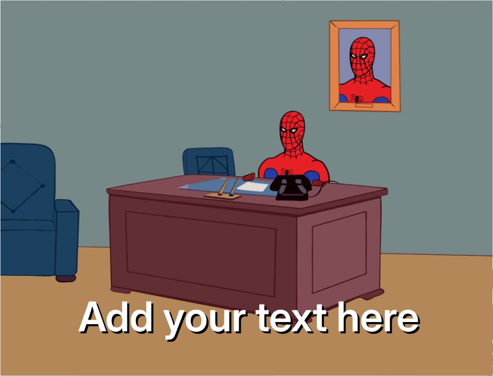 Spider-man sitting at a desk with a framed picture of himself on the wall.