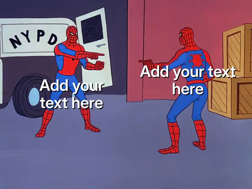 Two Spiderman characters pointing at each other in a warehouse setting.