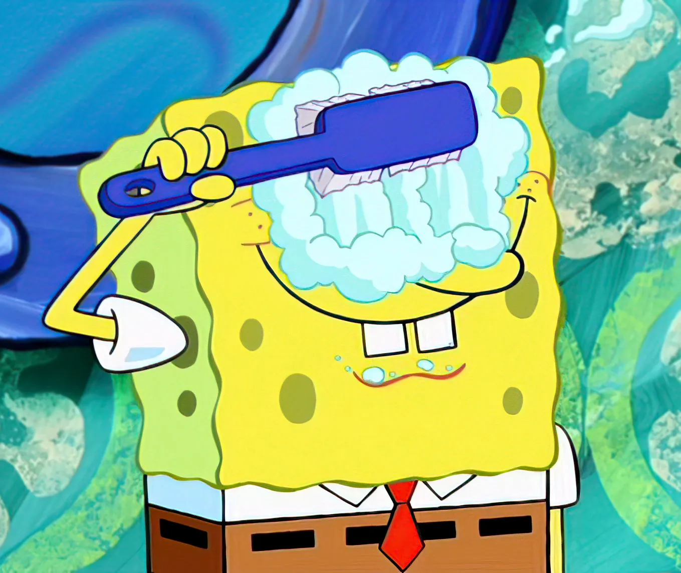 SpongeBob SquarePants brushing his eyes with a toothbrush and soap bubbles.