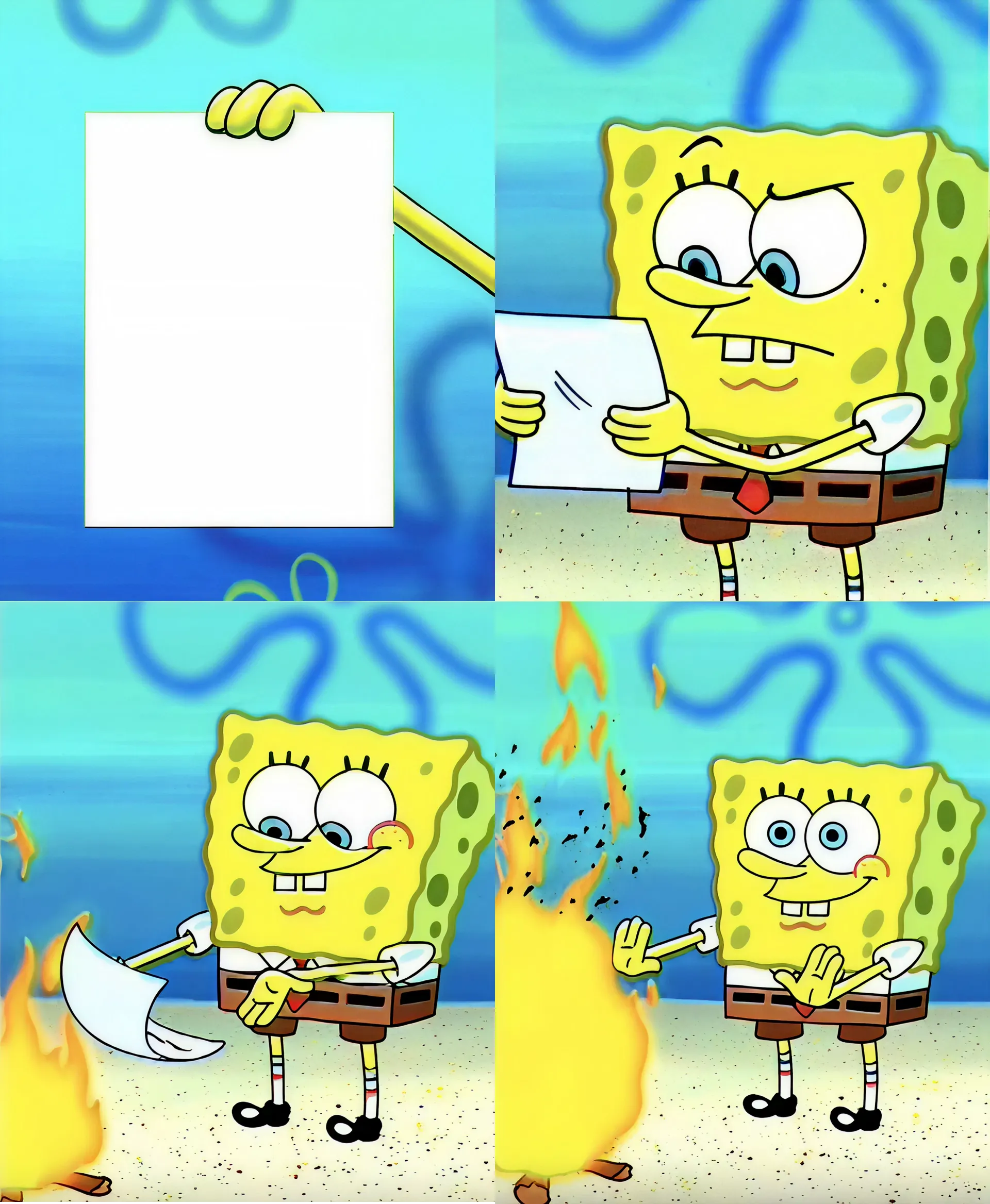 Spongebob holding and burning a piece of paper in a four-panel comic style.