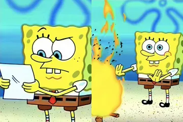 Spongebob holding and burning a piece of paper in a four-panel comic style.