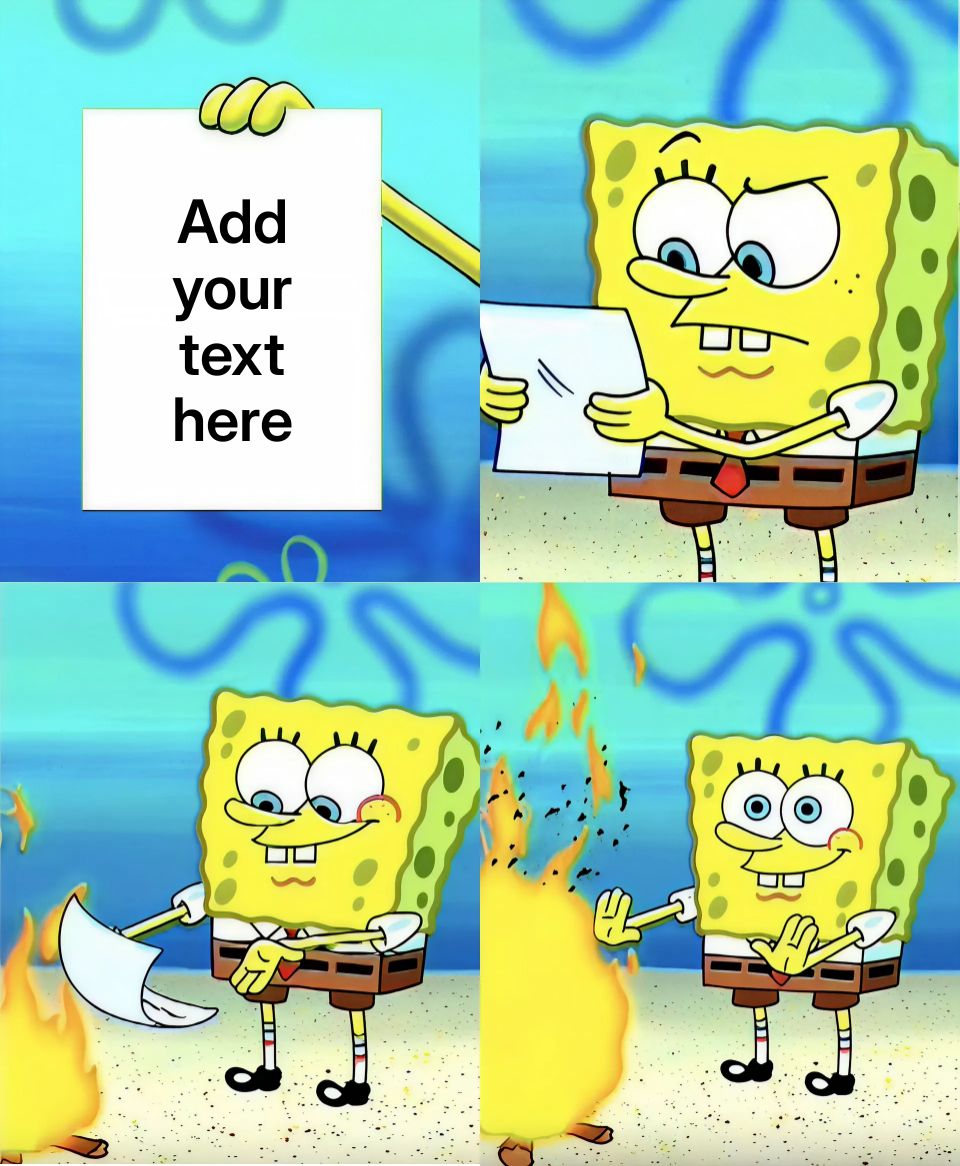 Spongebob holding and burning a piece of paper in a four-panel comic style.