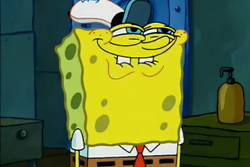 Spongebob Squarepants smirking with a mischievous expression in a Krusty Krab kitchen.