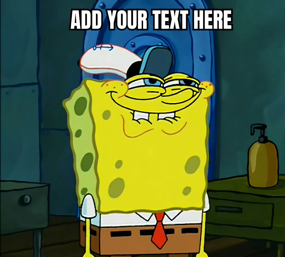 Spongebob Squarepants smirking with a mischievous expression in a Krusty Krab kitchen.