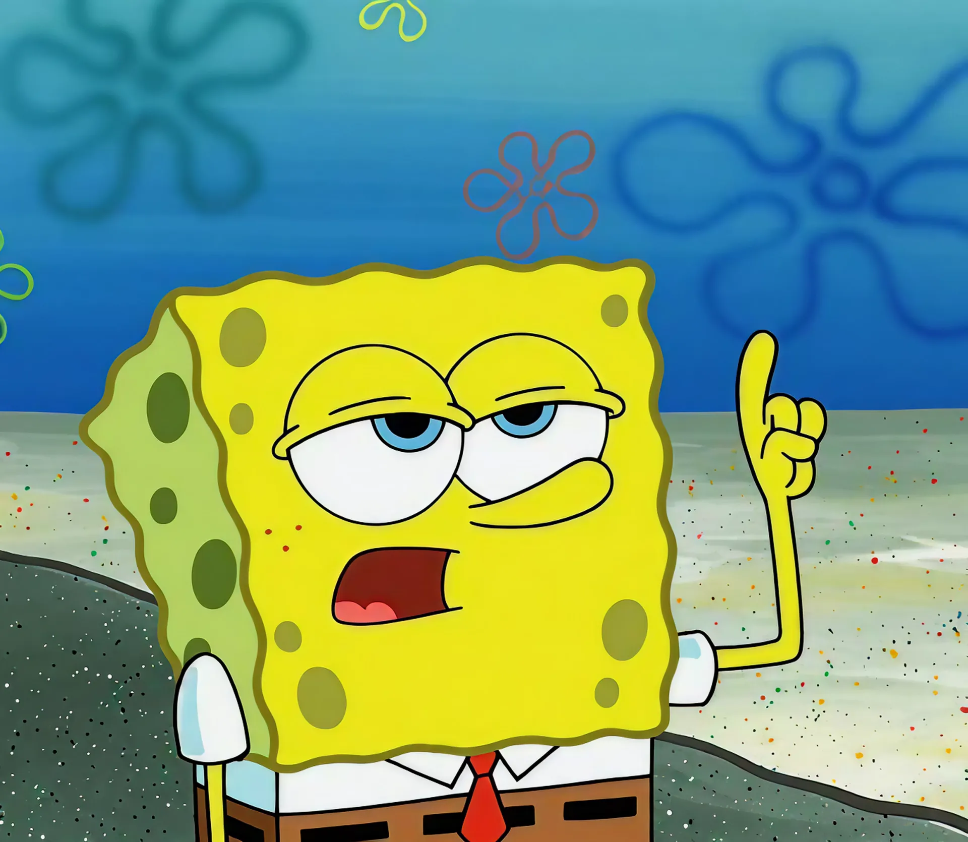 Spongebob Squarepants with a raised finger and a smug expression.