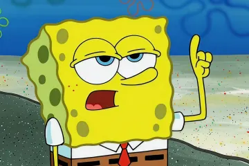 Spongebob Squarepants with a raised finger and a smug expression.