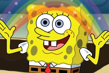 Spongebob Squarepants with a rainbow above his hands, smiling.