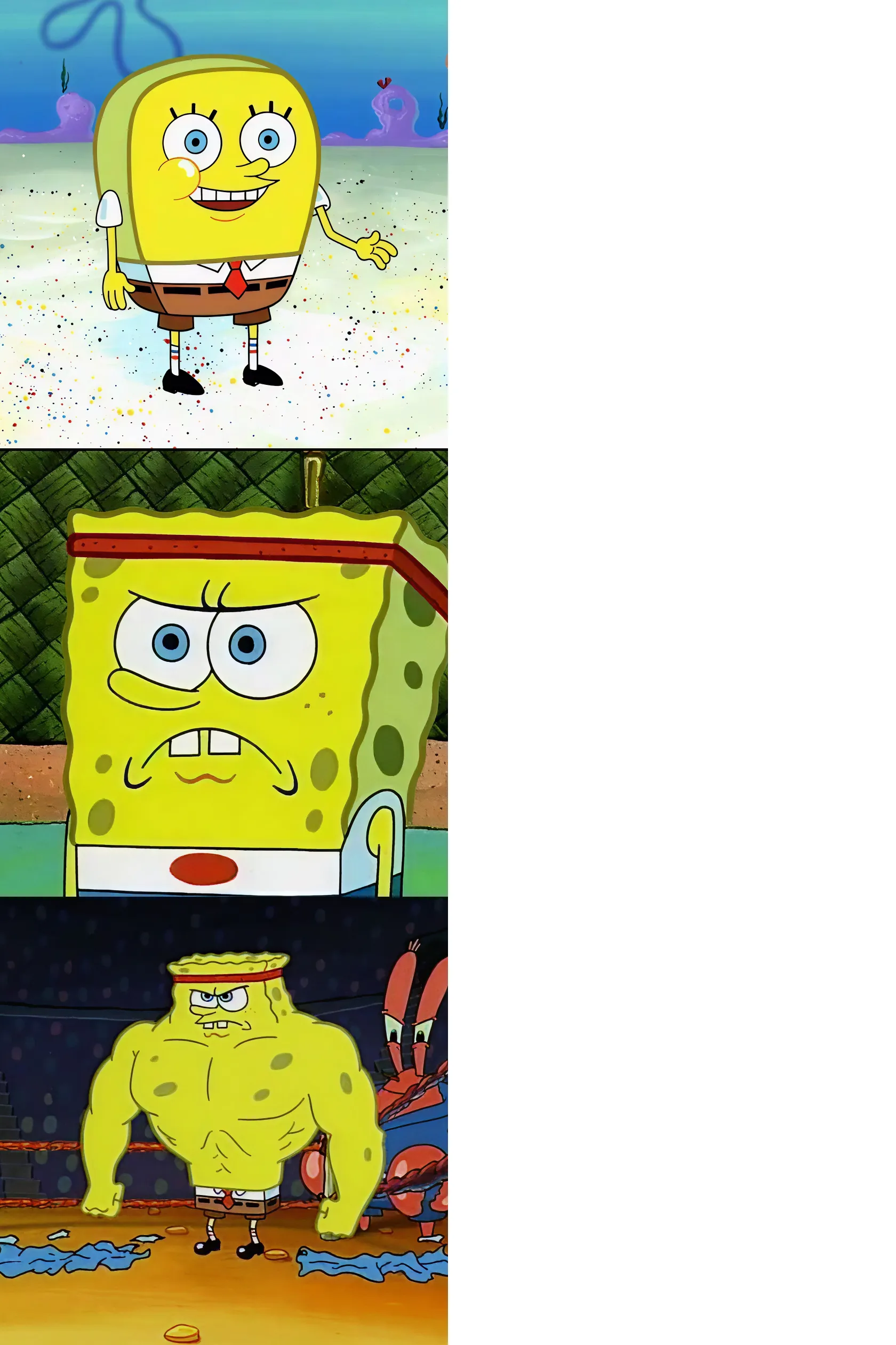 Three images of Spongebob Squarepants showing different levels of strength.