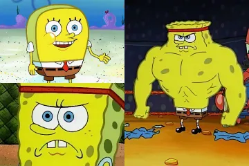 Three images of Spongebob Squarepants showing different levels of strength.