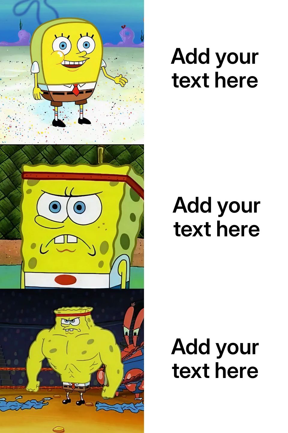 Three images of Spongebob Squarepants showing different levels of strength.