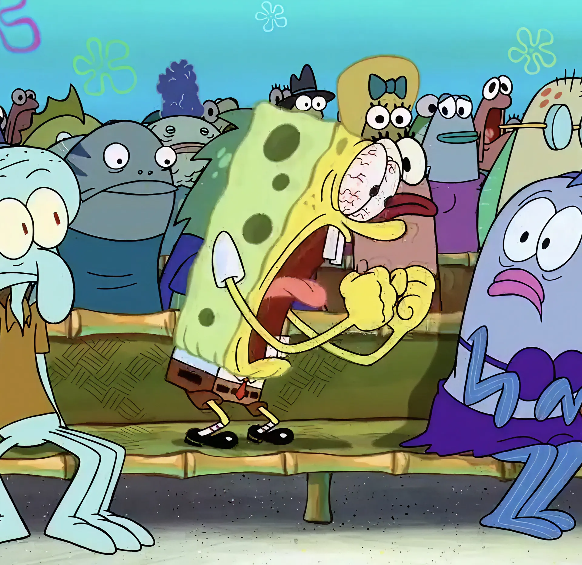 Spongebob Squarepants yelling with wide eyes and clenched fists in a crowded room.