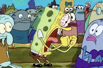 Spongebob Squarepants yelling with wide eyes and clenched fists in a crowded room.