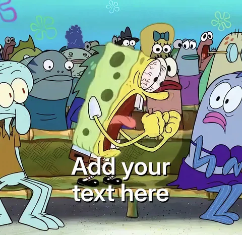 Spongebob Squarepants yelling with wide eyes and clenched fists in a crowded room.