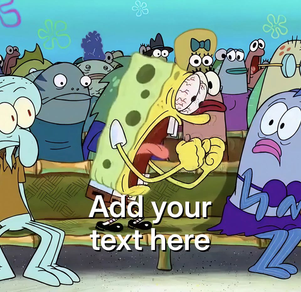 Spongebob Squarepants yelling with wide eyes and clenched fists in a crowded room.