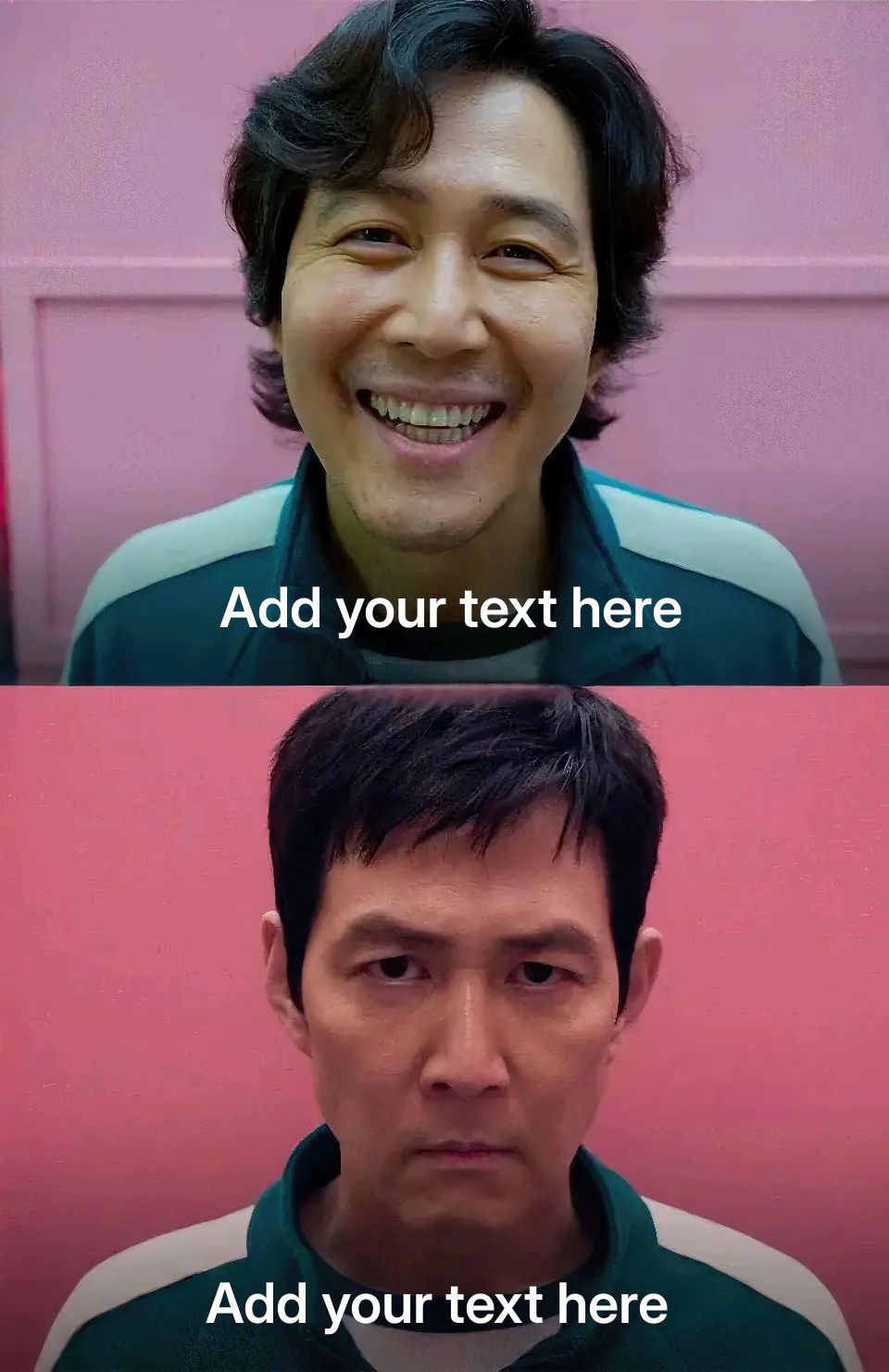 Two images of a man in a green tracksuit, smiling and then serious, against a pink background.